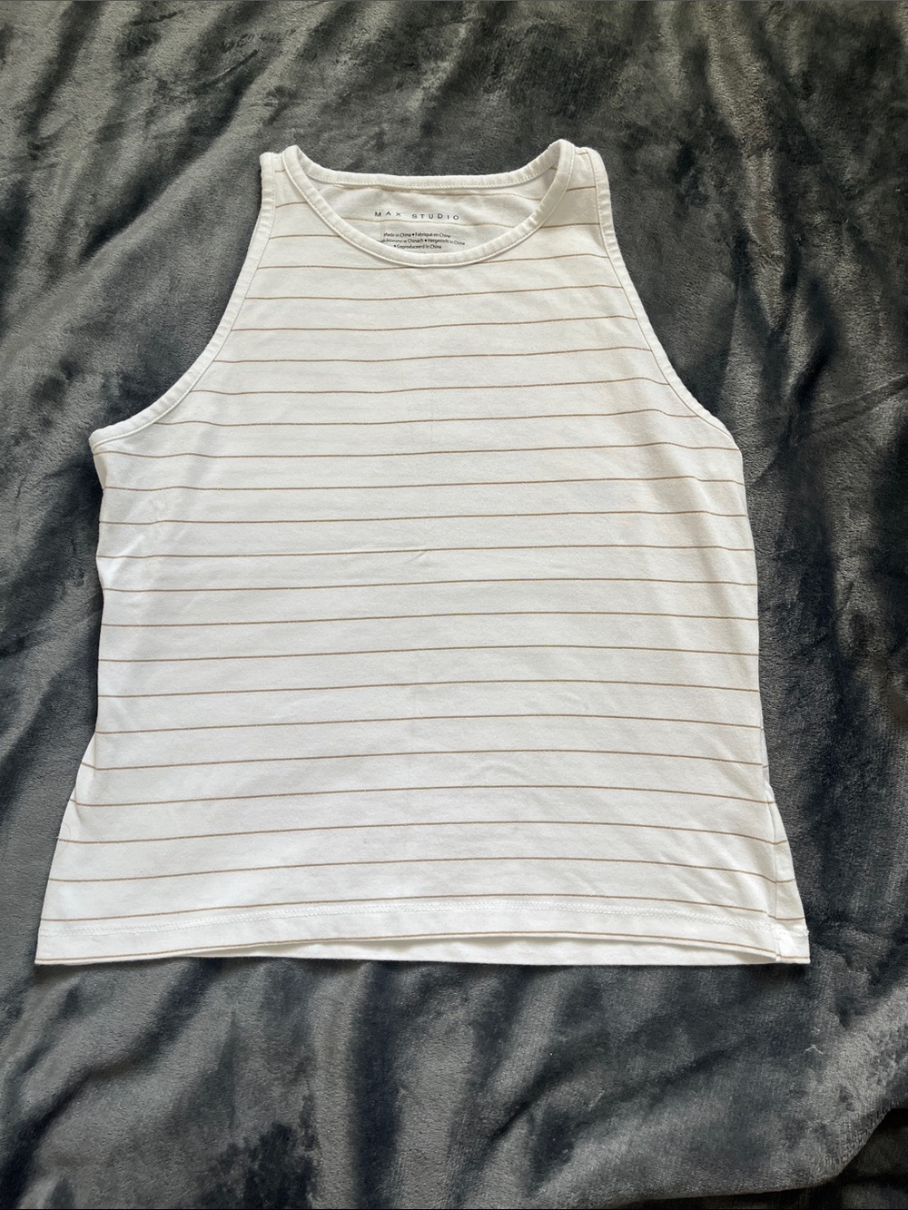 Max Studio White Tank with Thin Gold Stripes